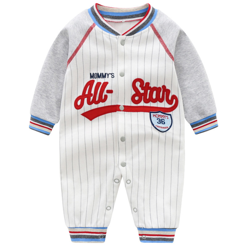 Baby baseball uniform one-piece pure cotton spring and autumn long-sleeved halo