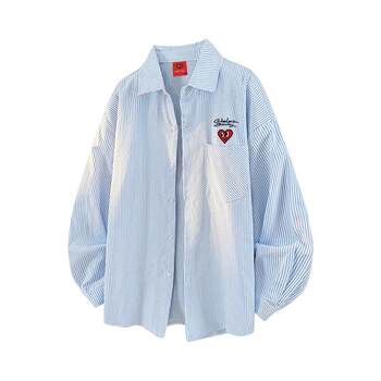 Charles heart japanese striped long sleeve shirt men's spring and summer loose casual versatile couple shirts and jackets