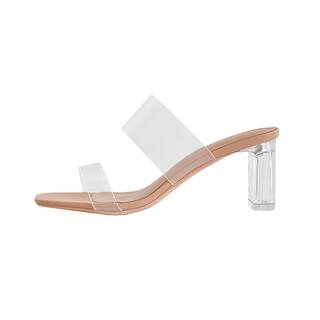 透明女凉鞋网红一字带气质粗跟水晶拖鞋性感外穿时装羊皮高跟凉拖