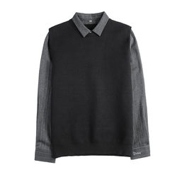 Men's fake two-piece shirt collar fashion sweater autumn and winter Korean style trendy embroidered slim plus velvet striped sweater