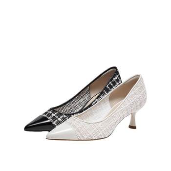 True beauty official outlet 2024 spring cowhide tartan pointed toe women's high heels yuw16aq4