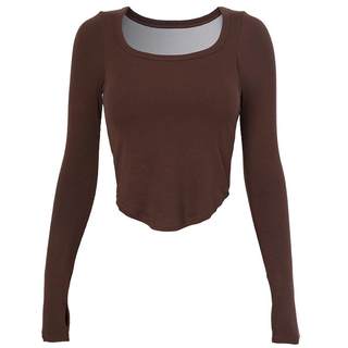 DCW显瘦U领瑜伽上衣女一体式胸垫修身显瘦运动长袖普拉提训练服秋