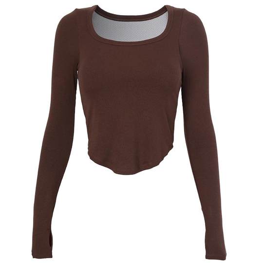 DCW显瘦U领瑜伽上衣女一体式胸垫修身显瘦运动长袖普拉提训练服秋