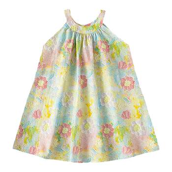 EYAS Girls Sleeveless Denim Halter Dress 2024 Spring and Summer New Children's Floral Skirt Summer