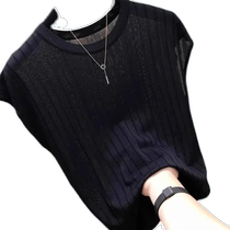 Black ice silk knitted sweater short-sleeved womens summer thin solid color simple western style versatile shirt high-end sense top