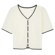 三彩2024夏季新款白色短袖上衣薄款撞色V领泡泡袖小衫短款宽松女