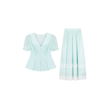 Anne ບໍ່ຮ້ອນແລະມີ brocade lace top ແລະ skirt suit fairy ສໍາລັບແມ່ຍິງທີ່ມີໄຂມັນເລັກນ້ອຍ, ຂະຫນາດໃຫຍ່, ແອວ slimming ແລະ whitening ສອງຊຸດ.