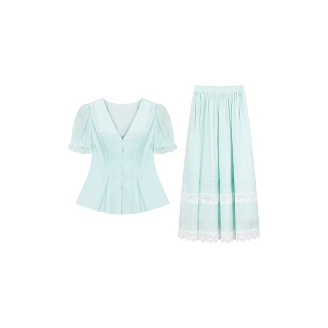 Anne ບໍ່ຮ້ອນແລະມີ brocade lace top ແລະ skirt suit fairy ສໍາລັບແມ່ຍິງທີ່ມີໄຂມັນເລັກນ້ອຍ, ຂະຫນາດໃຫຍ່, ແອວ slimming ແລະ whitening ສອງຊຸດ.