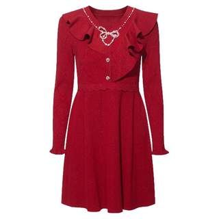 FEXATA斐格思2025冬新品荷叶边红色喜庆气氛感复古针织裙连衣裙