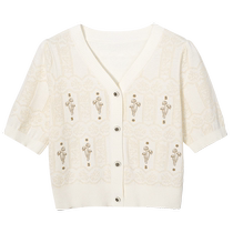 (Same style in the mall) Shifanli v-neck embroidered knitted cardigan 2024 spring new short-sleeved top 3F3230361