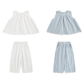 Youyou girls 2025 summer suit children's blue plaid baby sweater nine-point straight woven pants multi-piece trendy set