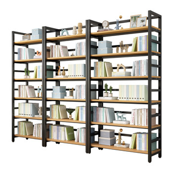 Bookshelf floor steel wood storage household living room iron art