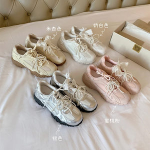 月牙底内增高德训鞋女蕾丝珍珠鸳鸯带厚底小白鞋
