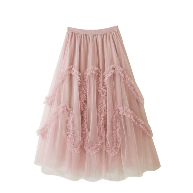 Autumn and winter retro sweet solid color fairy with irregular large swing, beautiful and slim lace mesh skirt
