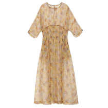 (Looking at flowers in the mist) puretea tea pleated pleated dress womens mulberry silk print 2024 spring new style