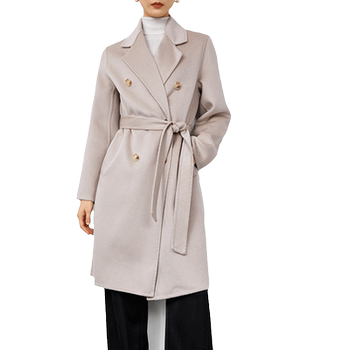 贝源粉色水波纹双面羊绒大衣女2025中长款双排扣正肩羊毛毛呢外套