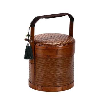 Retro basket, bamboo weaving box, tea set, pastry basket