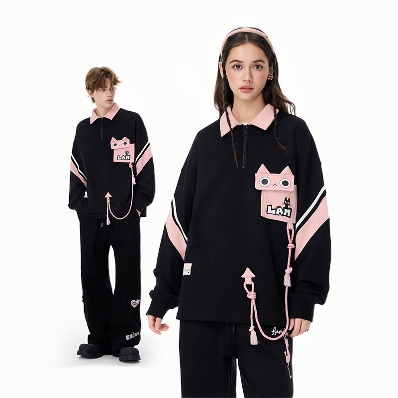 LAMLICKA Geometric Cat Pocket Polo Long-Sleeve Top with Patchwork Jacket, Loose and Relaxed Style, Half-Zip Sweatshirt