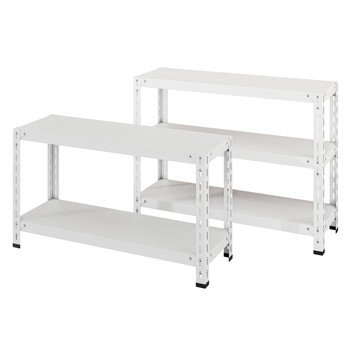 20 wide small shelves on the second and third floors