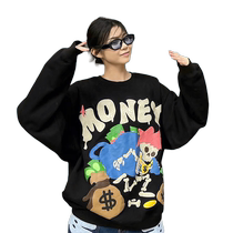 National trend original autumn and winter new black American cartoon letter print high street velvet pullover round neck sweatshirt for women