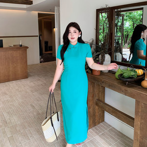五花不是肉胖mm新中式冰丝皱改良旗袍大码女装国风显瘦收腰连衣裙