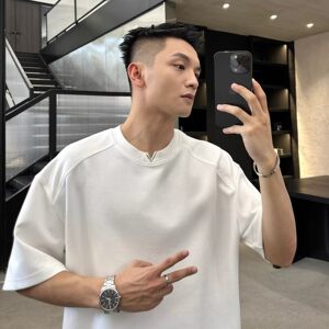 【显肩宽小V设计款】白色太空棉夏季男士短袖T恤高级感宽松上衣潮