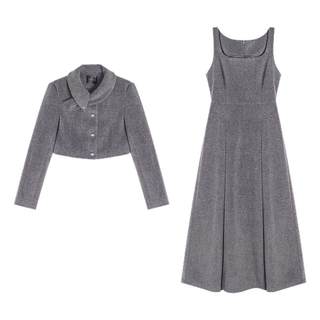 贰羊设计【慕予】高级感气质知识分子毛呢套装女短外套修身背带裙