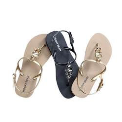 Rock Bear Rhinestone Roman Sandals Women's 2024 Summer Flip-Flop Sandals Women's Vacation Beach Herringbone Sandals Black