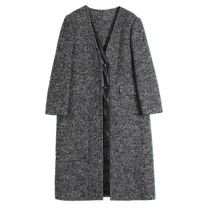 ELLE Alpaca Leather Spliced ​​Long Double-sided Wool Coat Womens 2024 Winter New Style Small Wool Coat