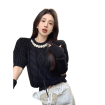 Black French sweater for women in winter niche gentle style design stitching short sleeves knitted top trendy