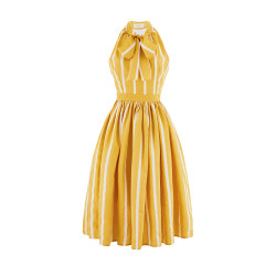 Ching's Retro Shoulder Striped Dress ສໍາລັບແມ່ຍິງ Hepburn Style Waist Ribbon Pastoral Striped Hem Dress ຍາວ