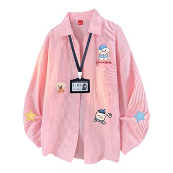 Charles peach heart puppy print striped shirt for men and women spring new casual loose couple long sleeve shirt jacket