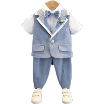 Childrens suit suit boys dress short-sleeved vest blue one-year-old babys birthday party British style flower girl wedding