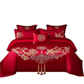 Aiwei wedding and wedding four-piece set pure cotton all-cotton dragon and phoenix happy bedding embroidered red wedding festive bedding