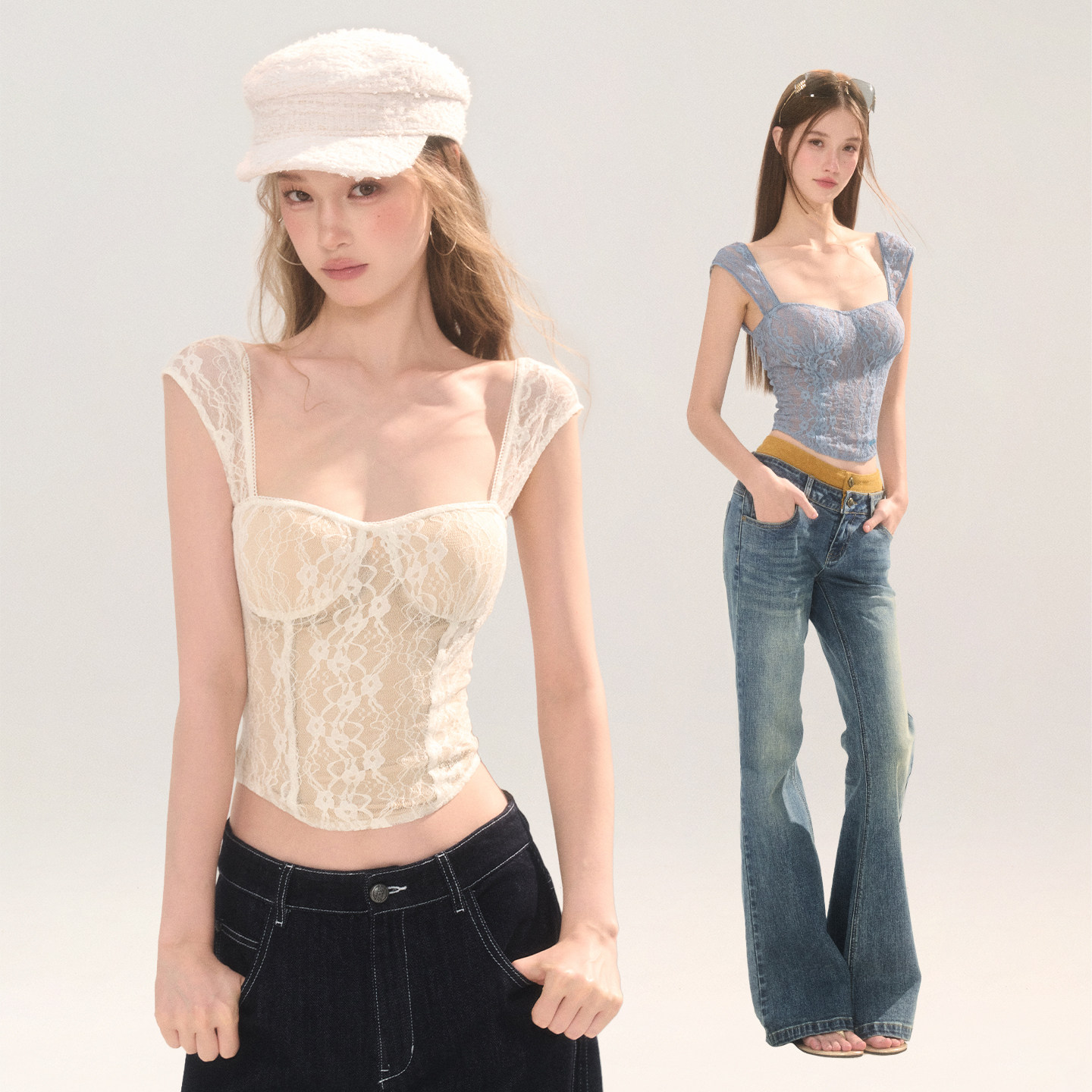 【New Arrival 7.23】wooha 2026 Early Autumn New Pure and Delicate Square Neck Lace Vest with Bra Pads for Women