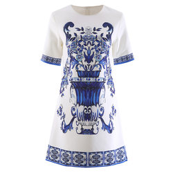 DIDA Spring and Autumn Product New Blue and White Porcelain Positioning Printed Handmade Drill Round Neck Short Sleeve Pullover A-Line Commuting Dress