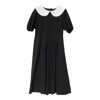 Lu Xiaotuan Tuan Hepburn style puff sleeve temperament cotton and linen slimming black 2024 summer Peter Pan collar dress for women