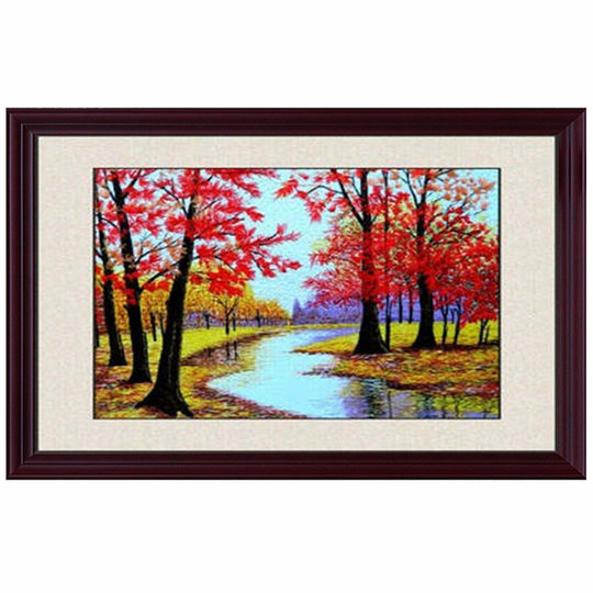 清仓特价苏州园林软裱刺绣画苏绣成品装饰画红枫黄金大道风景画