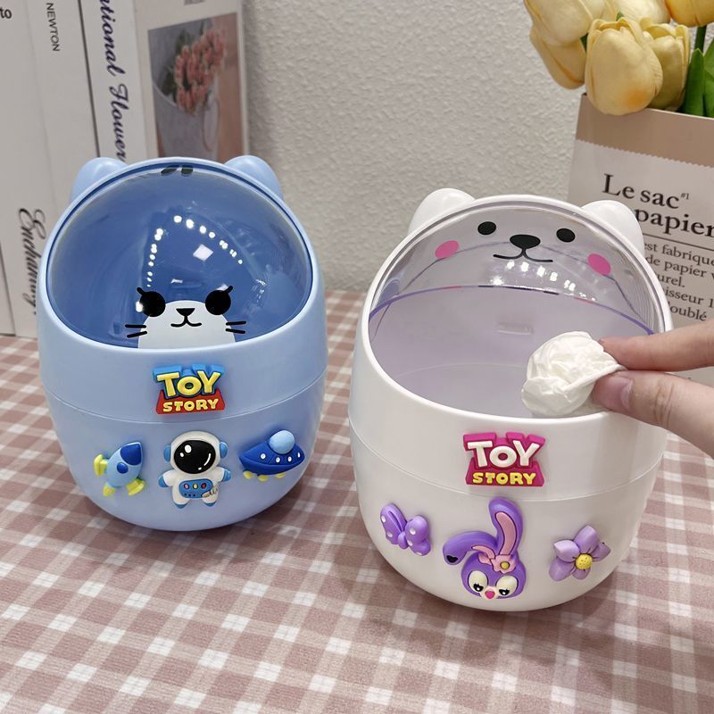 Mini Cartoon Trash Can with Lid for Home Desktop, Student Dormitory, Office Desk, Cute Storage Bin