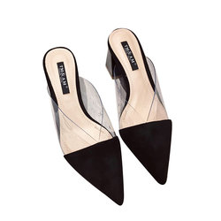 ເກີບແຕະເກີບສົ້ນຕີນເຄິ່ງສົ້ນຕີນກາງ Baotou ໂປ່ງໃສໃສ່ເກີບສົ້ນສູງ 2022 ພາກຮຽນ spring ແລະ summer ຄົນອັບເດດ: ເກີບ heeled ສູງ heeled ຫນາ Muller ແມ່ຍິງ