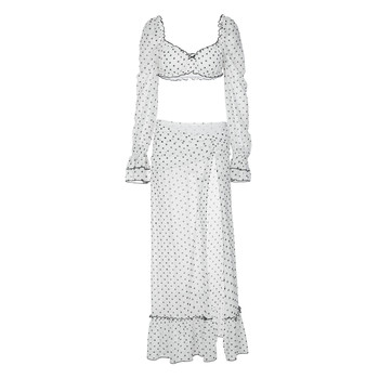 Gusty french resort style pure lust suit polka dot sexy hottie navel-baring long-sleeved chiffon top + slit skirt