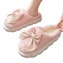 Winter cotton slippers 2023 new womens indoor home thick-soled confinement shoes non-slip plus velvet bow plush slippers