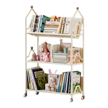 Children's room multi-story book shelf with wheeled iron art