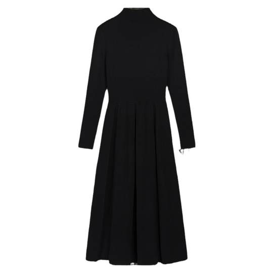 pusumede 黑色长袖针织连衣裙气质打底毛衣裙女拼接设计修身长裙