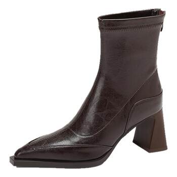 Very good-looking ~ slim high heel thick heel short boots women's single boots pointed toe elastic boots versatile autumn and winter handmade fashionable women's boots