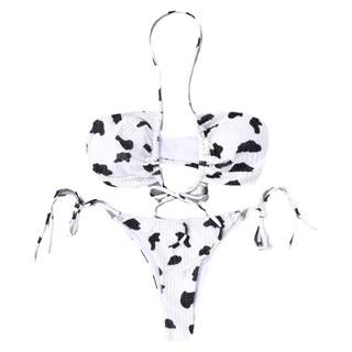 欧美辣妹比基尼奶牛挂脖系带分体游泳衣女性感露背bikini度假泳装