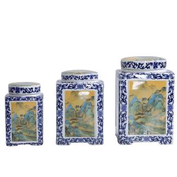 Dehua ceramic ຊາ cans ຂະຫນາດໃຫຍ່, ຂະຫນາດກາງແລະຂະຫນາດນ້ອຍ pu'er ຊາສີຟ້າແລະສີຂາວ porcelain ຜະນຶກເຂົ້າກັນ cans ການເກັບຮັກສາຊາ ebony lid ຮຽບຮ້ອຍ cans