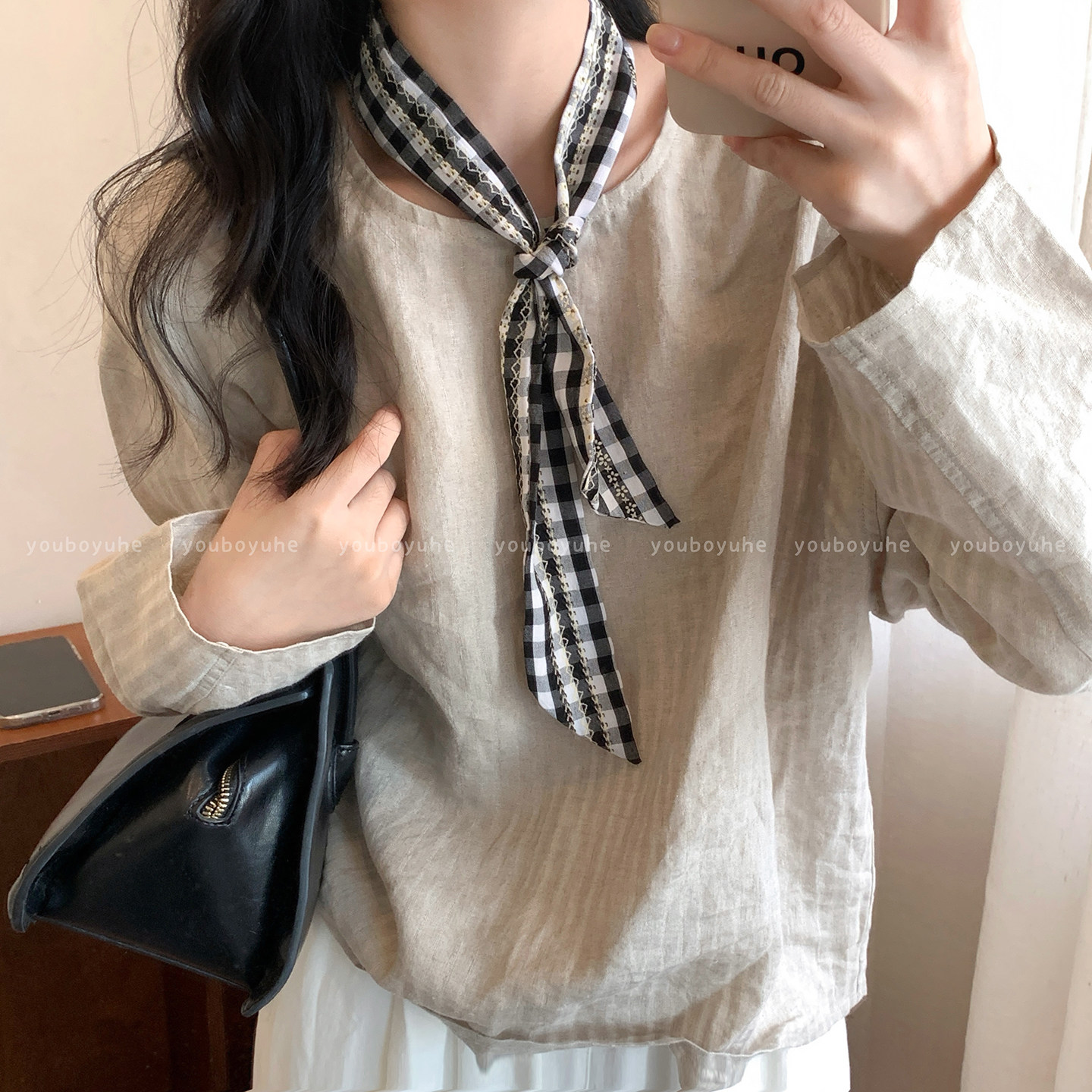Korean style black polka dot scarf, neck tie, elegant scarf for women, paired with a shirt, long striped silk scarf accessory