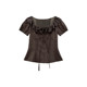 Retro ruffle collar waisted lace patchwork shirt