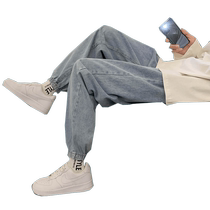 Leg-tie jeans for men in summer thin high-street brand straight-leg loose Korean style trendy slim-fitting nine-point pants for small feet